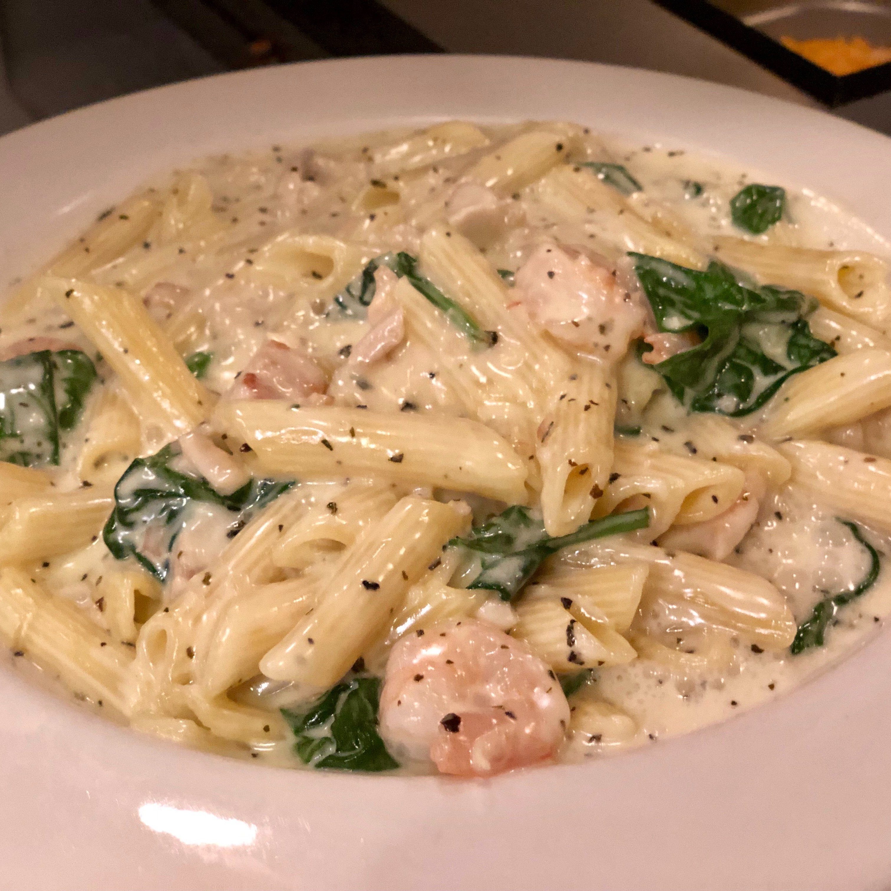 Shrimp & Chicken Pasta with Spinach.