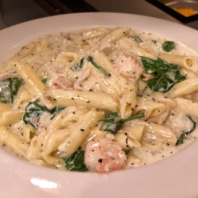 Shrimp & Chicken Pasta with Spinach.