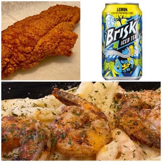 Our Popular Blackened Shrimp Alfredo Pasta, 1 Catfish Fillet and a Drink