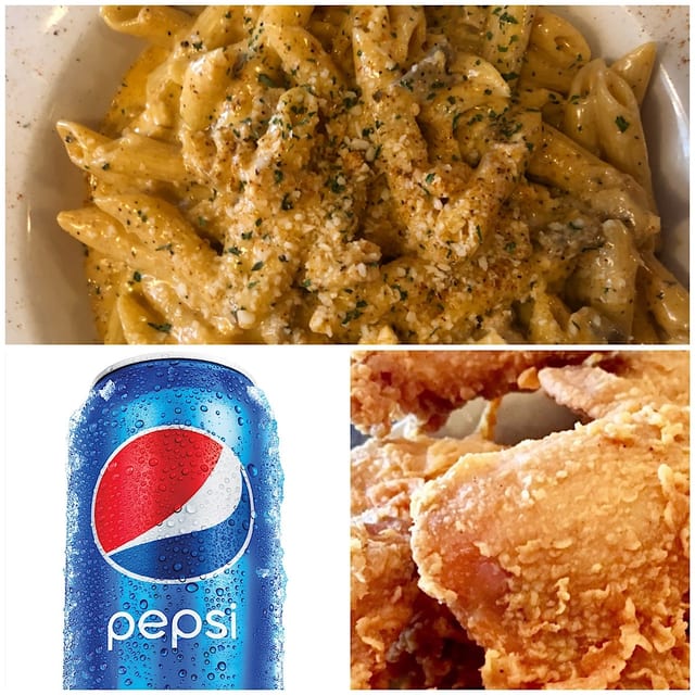 Cajun Chicken Pasta, 2 Whole Wings and a Drink.