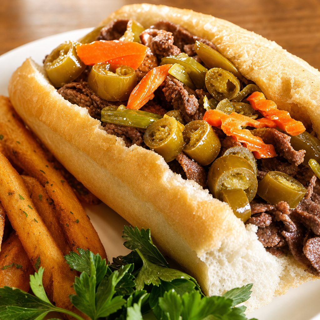 Chicago Style Italian Beef Sandwich.