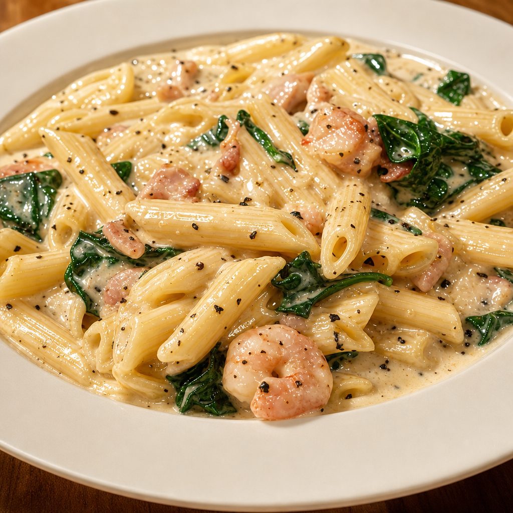 Shrimp & Chicken Pasta with Spinach.