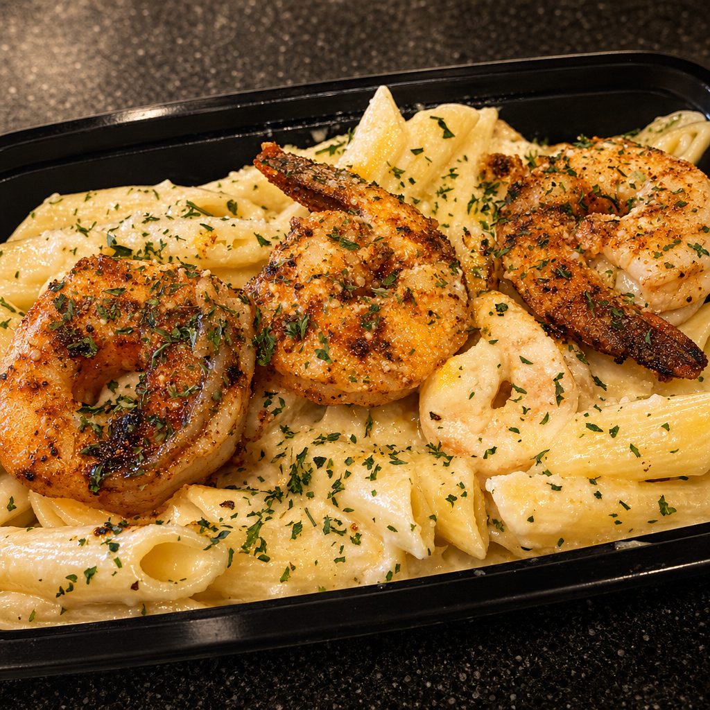 Blacken Shrimp Alfredo Pasta.