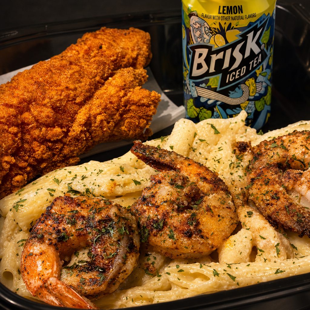 Our Popular Blackened Shrimp Alfredo Pasta, 1 Catfish Fillet and a Drink.