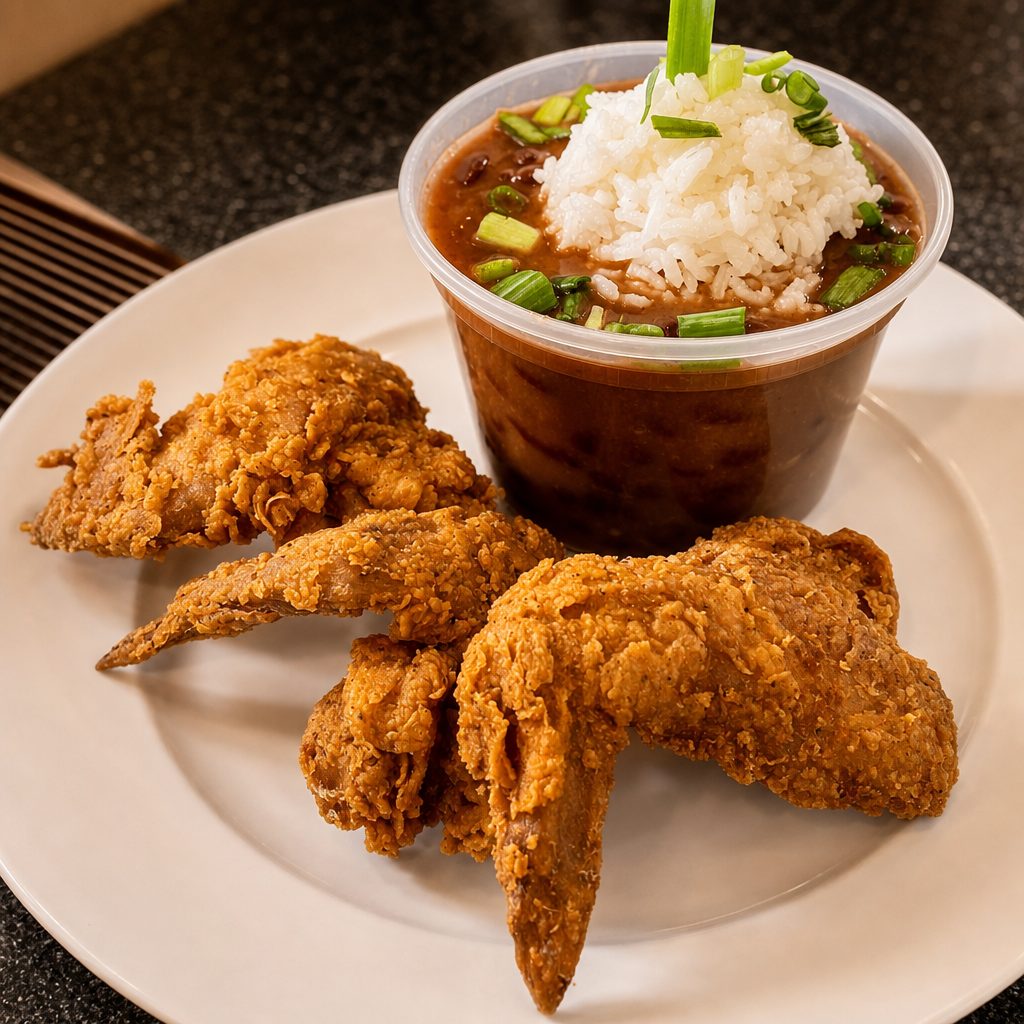 3 Wings and cup of Red Beans and Rice.