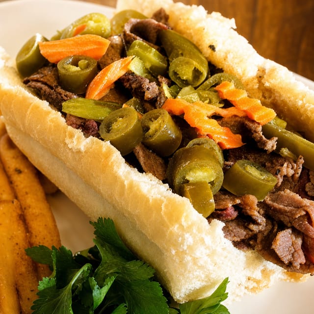 Chicago Style Italian Beef Sandwich.