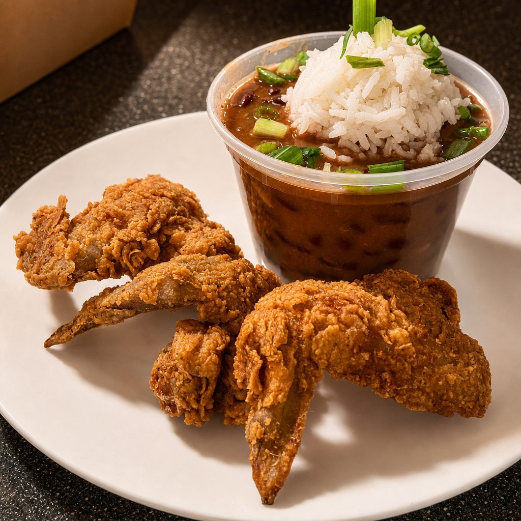 3 Wings and Cup of Red Beans & Rice.
