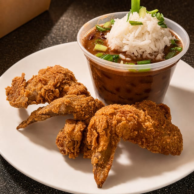 3 Wings and Cup of Red Beans & Rice.