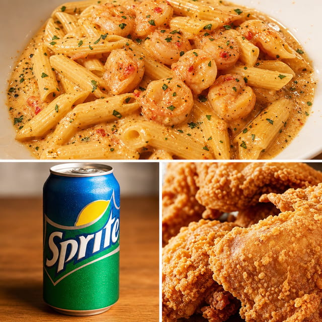 Cajun Seafood Pasta, 2 Whole Wings and a Drink.