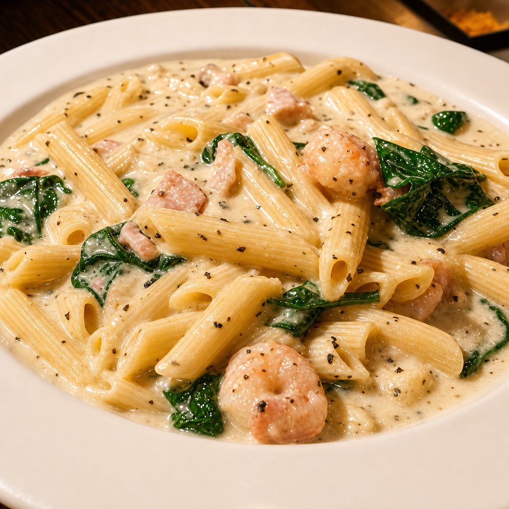 Shrimp & Chicken Pasta with Spinach.