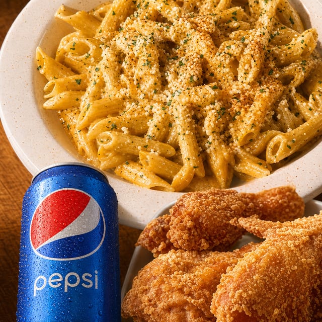 Cajun Chicken Pasta, 2 Whole Wings and a Drink.