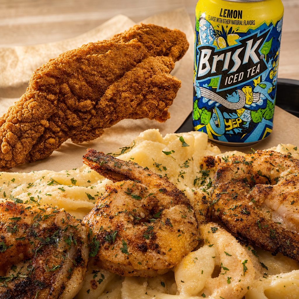 Blackened Shrimp Alfredo Pasta, 1 Catfish Fillet and a Drink.